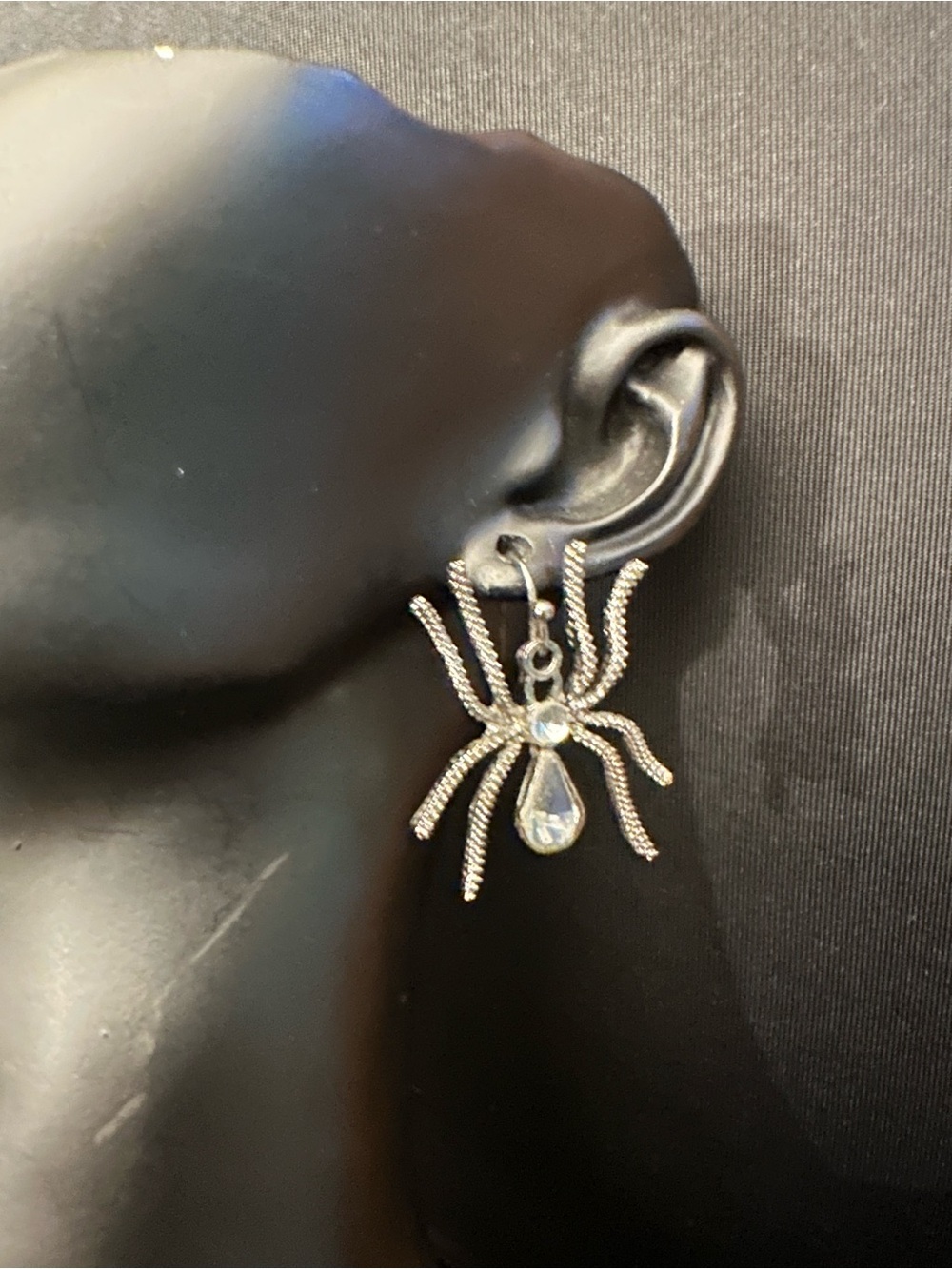 Halloween Spider Gray Rhinestone Silver Tone Spooky Dangle Earrings